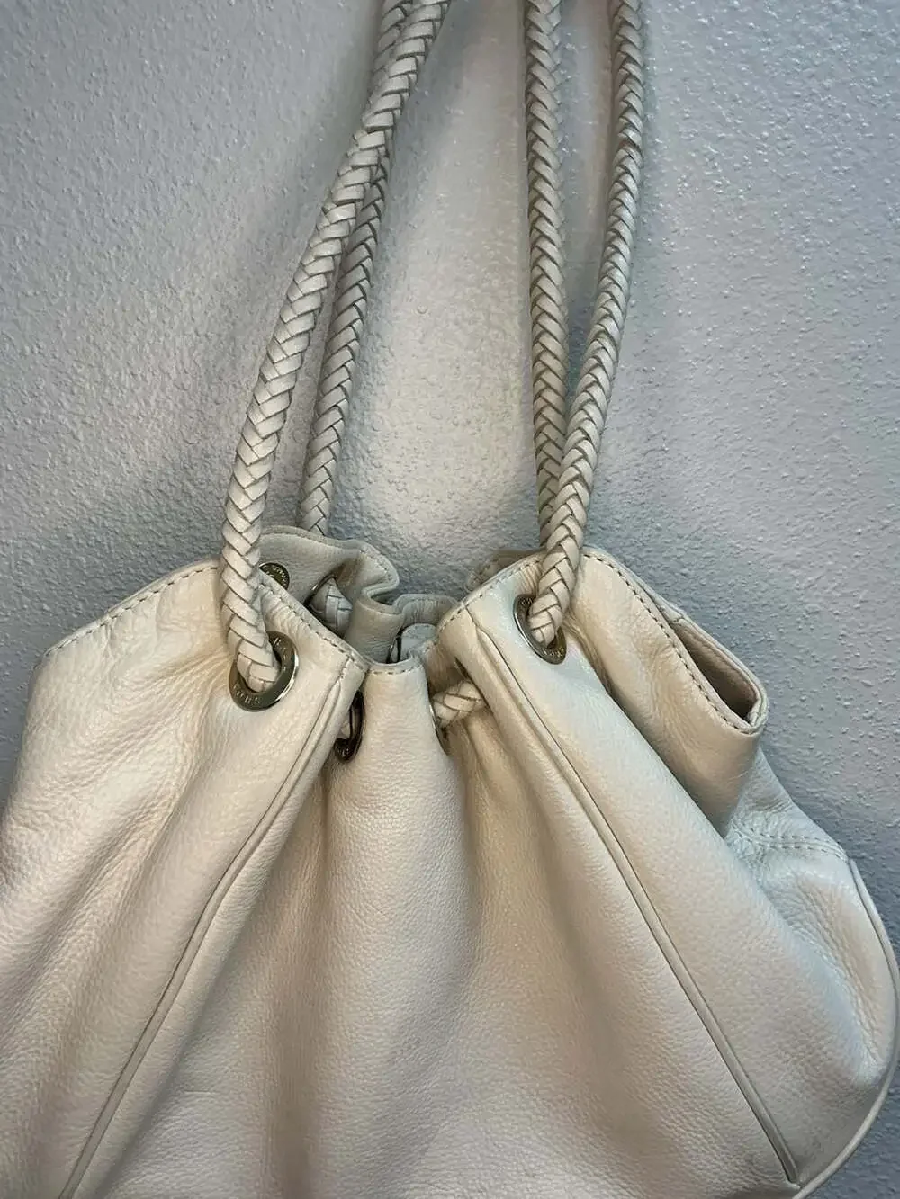 Michael Kors Ivory Leather Drawstring Tassel Shoulder Bag Hobo Bucket Bag